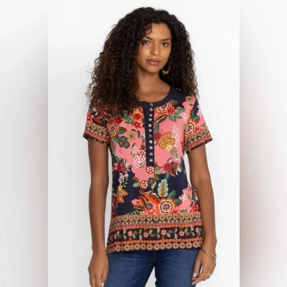 Johnny Was Navy and Pink Floral Henley Top
